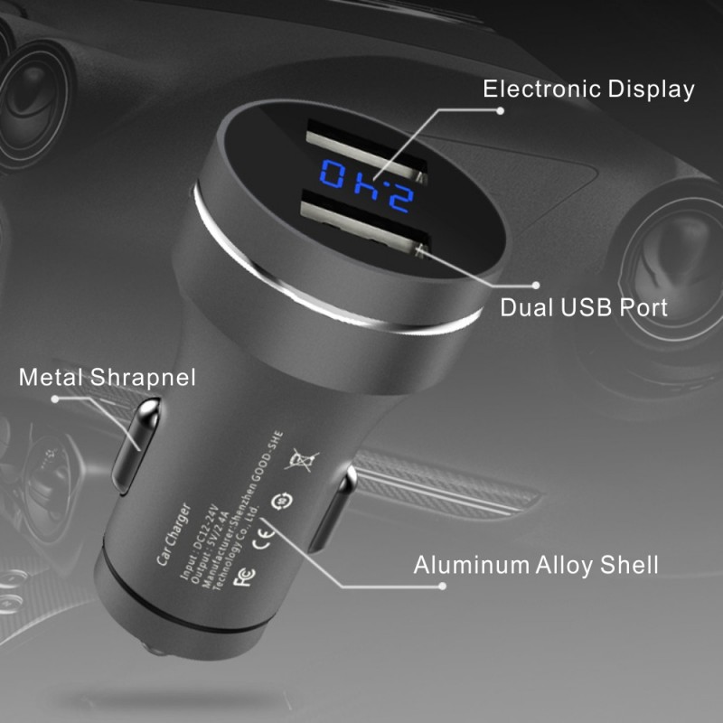 SCC19 2.4A Dual Port Aluminum USB Car Charger with LED Display